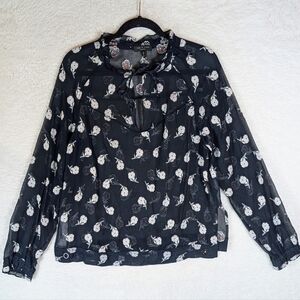 rag & bone 💯 Silk Black Floral Tie-Neck Blouse